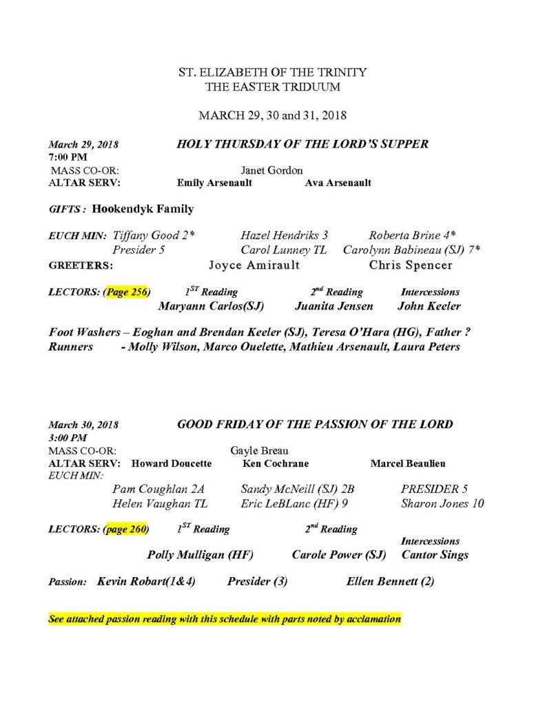 2018 Triduum schedule with notes | St. Elizabeth of the Trinity