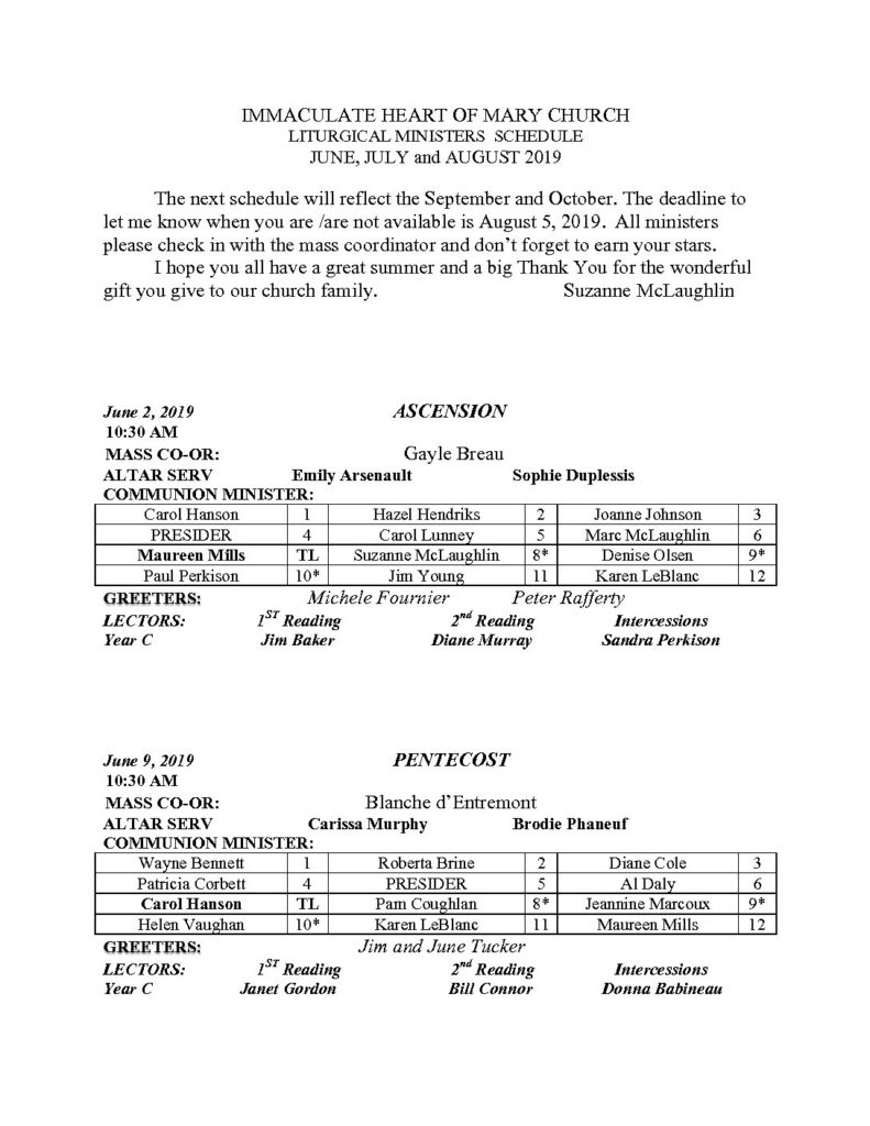 2019 june july august website schedule st elizabeth of the trinity