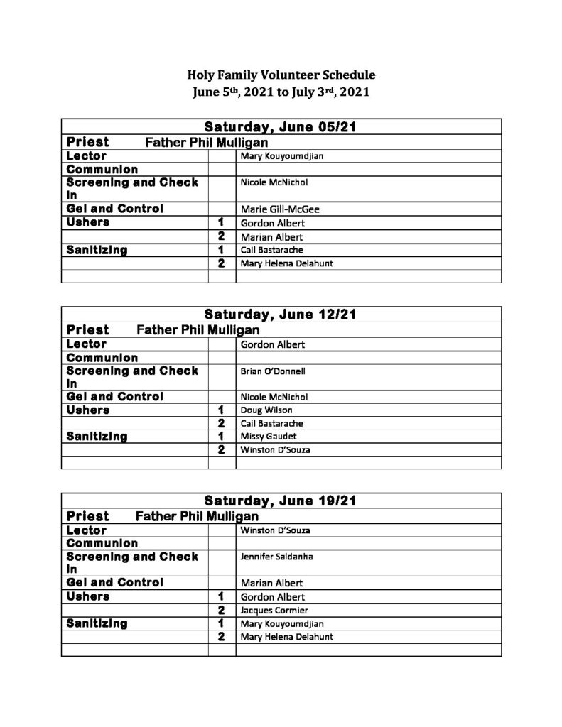 HF Volunteer Schedule June 2021 | St. Elizabeth of the Trinity
