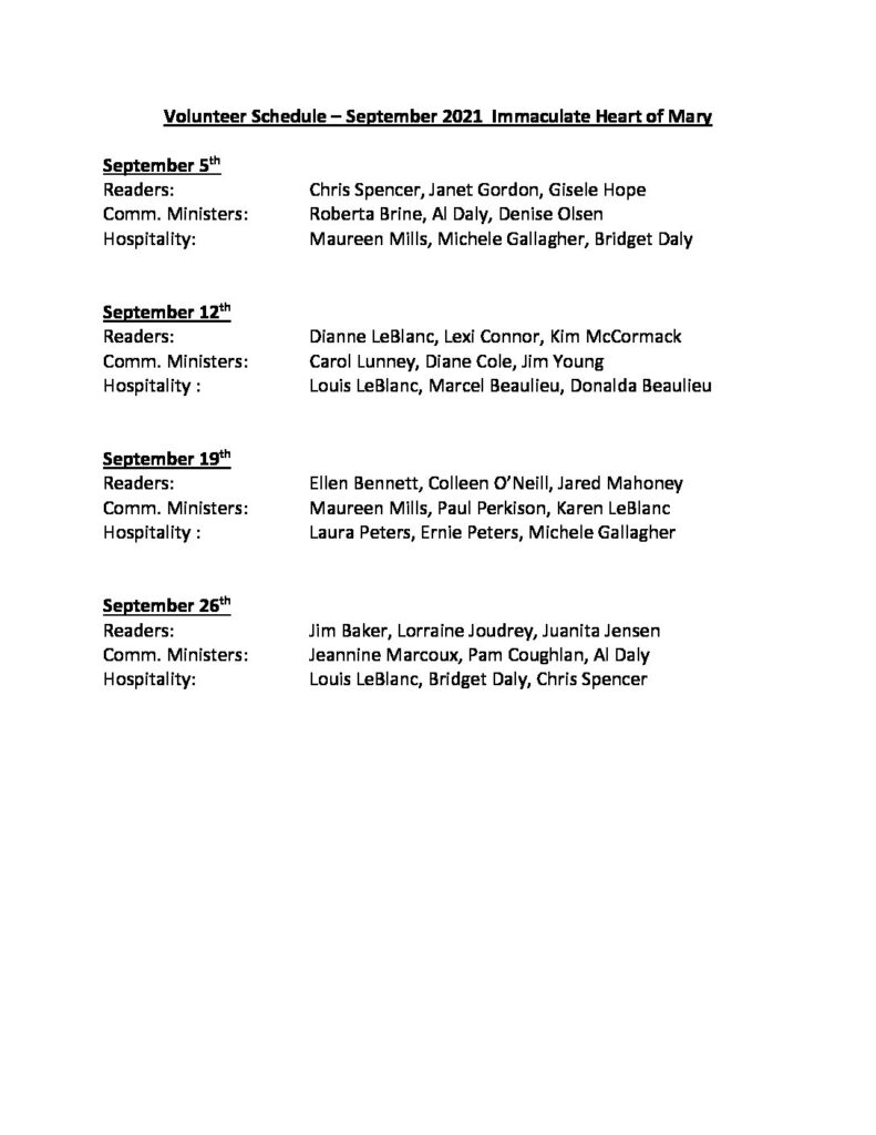 Volunteer Schedule | St. Elizabeth of the Trinity