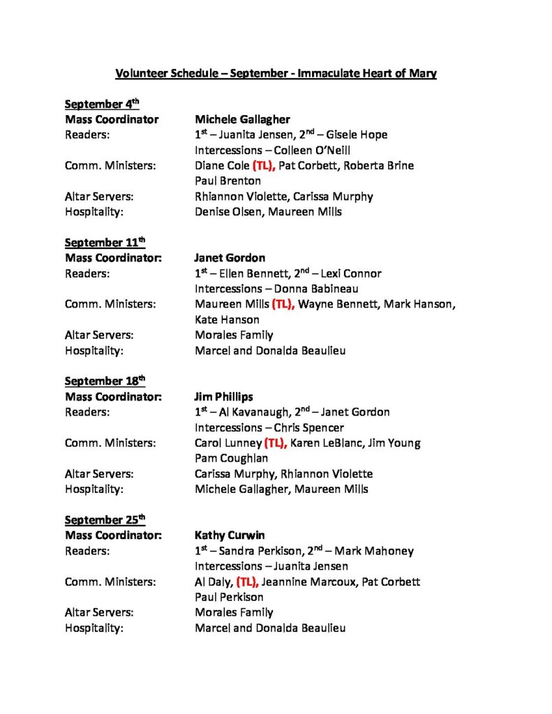 Volunteer Schedule | St. Elizabeth of the Trinity