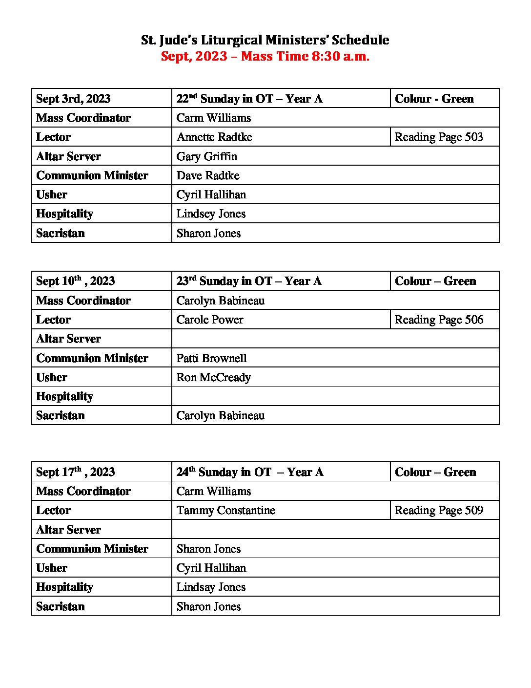 St Judes Liturgical Ministers Schedule Sept Nov 2023 St. Elizabeth